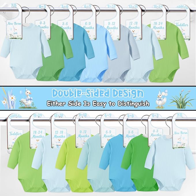 Baby Closet Dividers 8PCS, Blue Goose Themed Wooden Double-Sided Clothes Size Hanger Organizer from Newborn to Toddler for Nursery Decor Baby Shower Birthday Gift