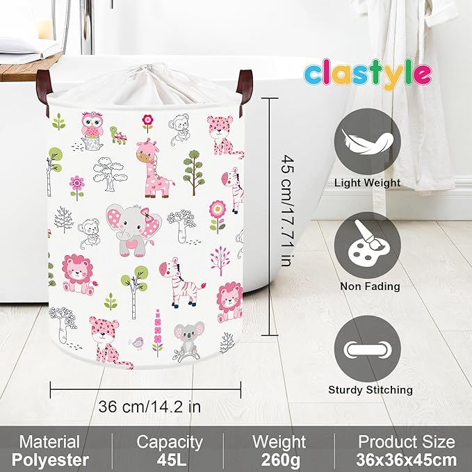 Clastyle Cute Forest Animal Laundry Basket Elephant Lion Kids Clothes Book Storage Basket Gift Toy Box for Bedroom Decor,Pink,36x45 cm