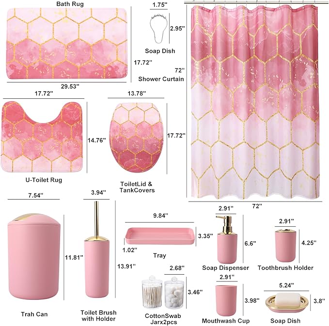 25 Pieces Bathroom Set Pink and Gold Bathroom Accessories Set, Shower Curtain and Rugs, Trash Can, Toilet Brush, Soap Dispenser, Soap Dish, Toothbrush Holder, Tumbler, Tray, Qtip Holder for Home Decor