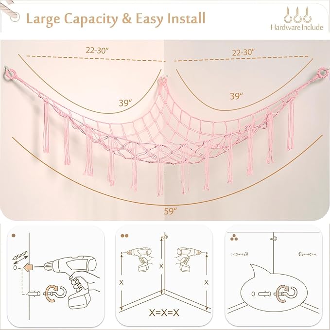 Stuffed Animals Hammock Corner Hanging Net for Macrame Stuffed Animal Storage Plush Toy Holder Toy Organizer for Boho Nursery Playroom Bedroom Kids Room Decor (light pink, Large)