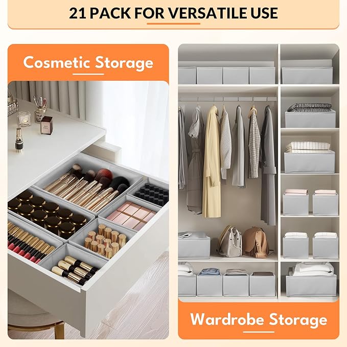 Drawer Organizer Clothes, 21 Pack Dresser Organizer for Baby Clothes, Underwear, Socks, 3 Sizes Foldable Closet Organization and Storage Bins for Nursery, Bedroom (Grey)