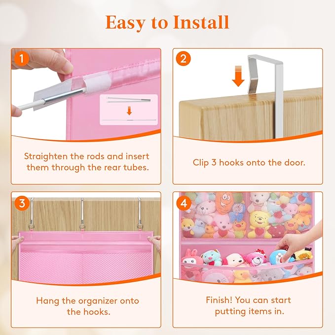 Lifewit Stuffed Animal Storage, Over the Door Organizer with 5 Expandable Mesh Pockets, Breathable Oxford Fabric Hanging Kid Baby Plush Toy Holder for Nursery, 167 cm (65.8'') High, Pink, 1 Pack