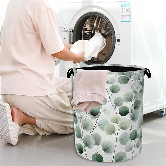 Eucalyptus Leaves Laundry Basket,Foldable Oxford Cloth Tote Bag Laundry Hamper Clothes Storage Bucket Organizer for Bedroom Laundry Storage Dormitories 16" x 20.8"