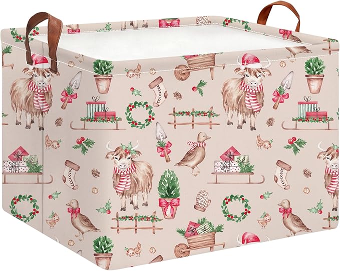 Rectangle Storage Basket with Handles,Collapsible Storage Bin,Books Box,Gift Basket(Pink Christmas)