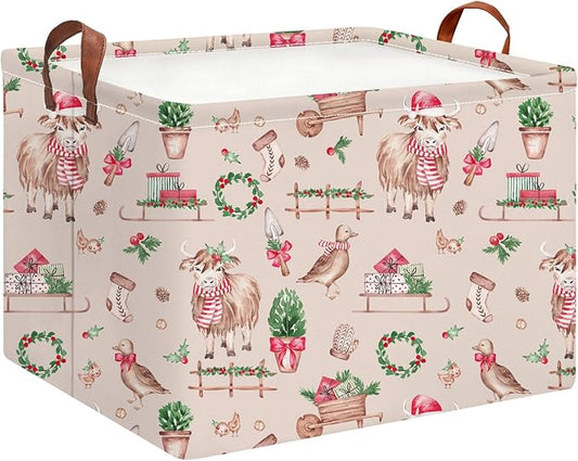 Rectangle Storage Basket with Handles,Collapsible Storage Bin,Books Box,Gift Basket(Pink Christmas)