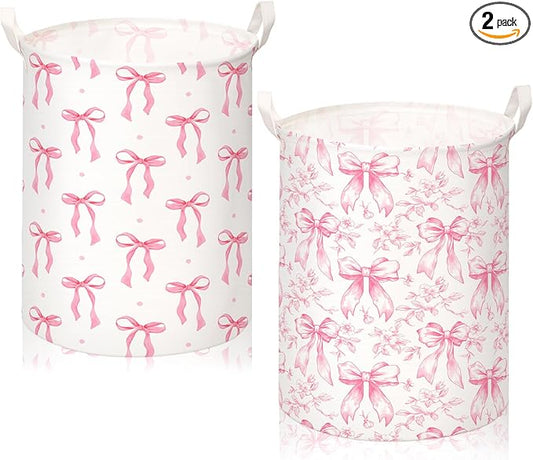 2 Pcs Laundry Basket Coquette Storage Basket for Girls Nursery Hamper with Handles Foldable Waterproof Collapsible Storage Bin Organizer for College Dorms Bathroom(Mixed Bows)