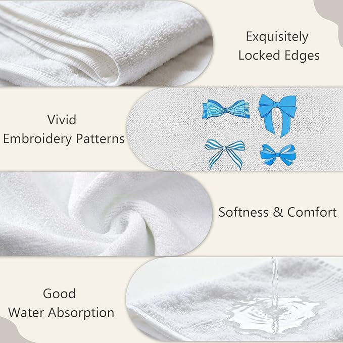 4 Pcs Bow Hand Towels Blue Hand Towels for Bathroom 29" x 13.3" Cute Bath Towel Bow Embroidered Decorative Towel Set Cotton Bowknot Bathroom Accessories Blue Kitchen Decor Bridal Shower Wedding Gift