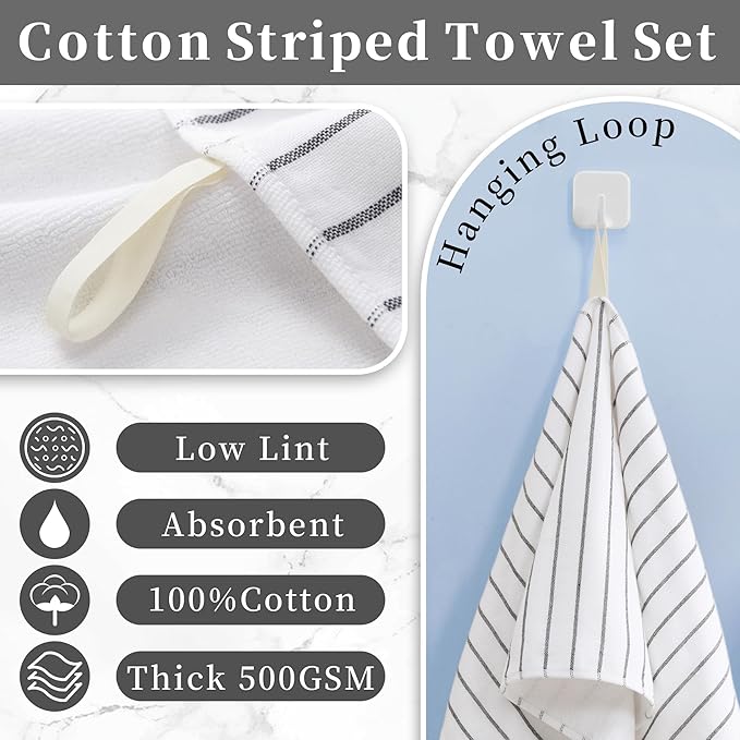 4-Pack Striped Hand Towels, thick 450GSM, Ultra-Absorbent & Quick-Drying ，100% Cotton 13x28 Inch Hand Towels with Hanging Loops, White Background Black Stripe Design for Bathroom & Kitchen