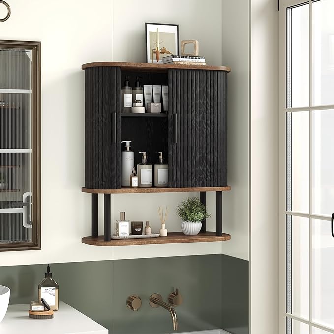 Bathroom Wall Cabinet, Over The Toilet Cabinet with Sliding Doors and Adjustable Shelf, Space Saver, Wall Mounted Medicine Cabinet for Laundry Room & Kitchen & Living Room, Black