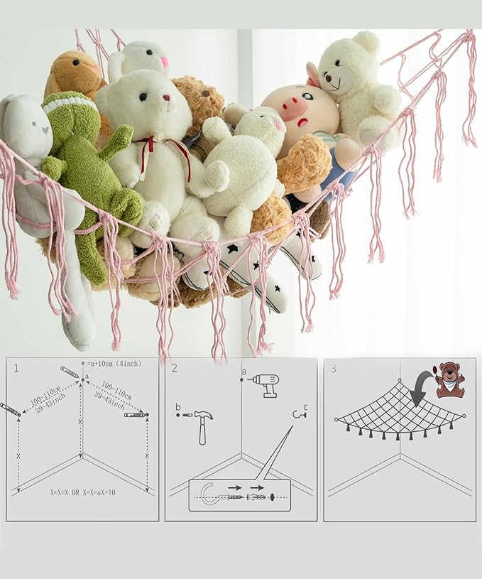 Stuffed Animal Storage Corner Hammock or Net,Toy Storage Hammock for Stuff Animals,Plushie Net for Nursery Bedroom Wall,Stuffed Animal Organizer Holder for Plush,Cute Boho Room Decor.(Pink)