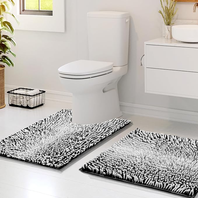 Hearth & Harbor Bathroom Rugs, Chenille Bath Mat - Machine Washable Bath Mats for Bathroom Non-Slip Backing Rubber, Quick Dry Bathroom Mat, 17 x 24 + 20 x 24 - Ombre Black