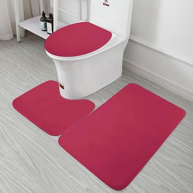 3 Pieces Bath Rug Sets, Solid Magenta Red Bathroom Mat Set Non Slip U Shaped Contour Rug & Toilet Lid Cover