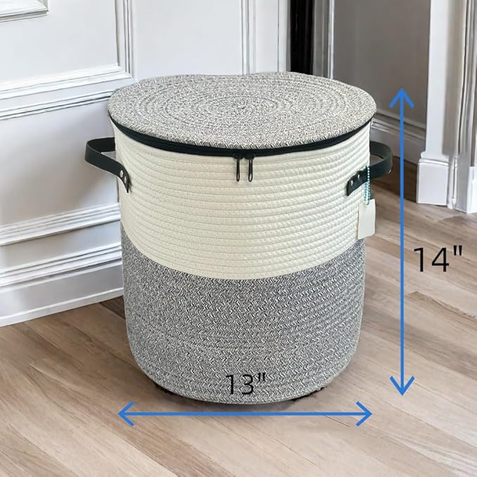 Cotton rope Storage Basket with Zipper cover & Woven baskets with Lid easy to move Multi-Purpose Storage Basket for Living Room, 13 x14 inches(Grey+White)