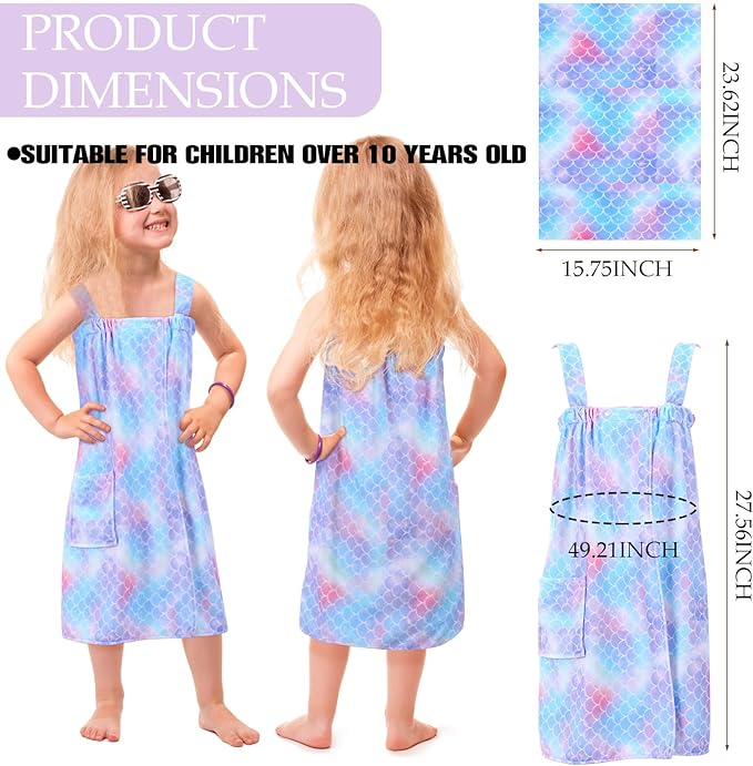 2 Sets Girls Towel Wrap Hair Towel Wrap for Kids with Soft Bath Body Dress Cute Adjustable Bathrobe with Turbans for 3.9-4.9 ft Kids Girls Wet Hair Rapid Drying(Princess Mermaid)