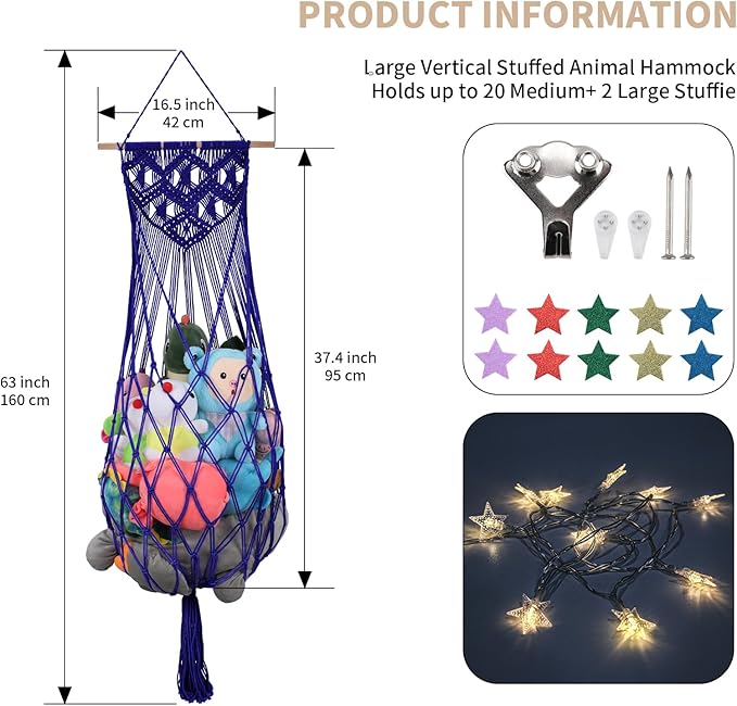 Stuffed Animal Hammock w/LED Star Light, 63 Inch Jumbo Toy Hammock Wall Hanging Plushie Net Holder for Boho Nursery Teddy Decor, Navy Blue Stuffed Animal Storage Organizer for Kid Girls Boys Gift