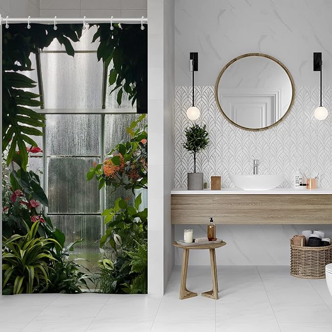 Greenhouse Flower Room Shower Curtains Spring Glass Flowers Green Plants Interior Garden Scenic Machine Washable Fabric Bathroom Curtains Set with Hooks, 36x72 Inch, 72.00" x 36.00"