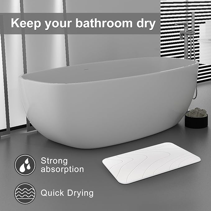 2 Pack Diatomaceous Earth Shower Mat, Stone Bath Mat, Nonslip Super Absorbent Fast-Drying Hard Bath Mat for Bathroom Shower Floor, 24 x 16 inch, White Wave Design