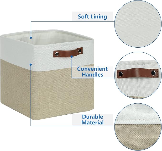 Temary Fabric Storage Baskets 12x12 Cube Bins 4 Pack Cloth Baskets for Shelf, Storage Cubes Bins Gift Empty (White&Khaki)