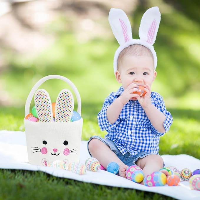 DearSun Exquisite Embroidery ! Personalized Plush Bunny Basket Easter Egg Hunting Basket Easter Basket with Embroidery Name (White Plush Bunny)