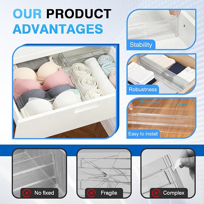 4Pack Drawer Dividers for Clothes, 4" High Adjustable Expandable Dresser Drawer Organizer, Clear Plastic Separators for Dresser, Underwear, Cosmetic, Toiletries