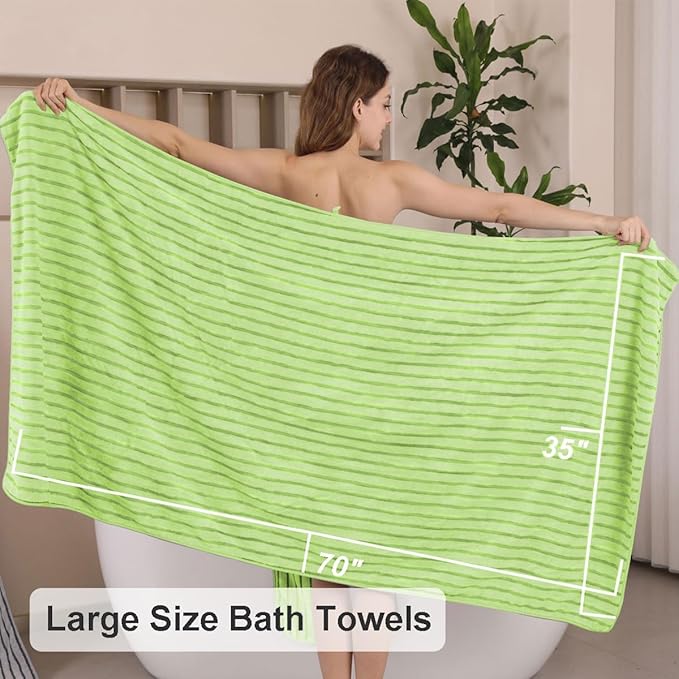 8 Pcs Grass Green Cabana Stripe Large Bath Towel Set - 2 Oversized Bath Sheets, 2 Hand Towels, 4 Washcloths - Soft Jumbo Absorbent Shower Beach Chair Spa Gym Hotel Towels