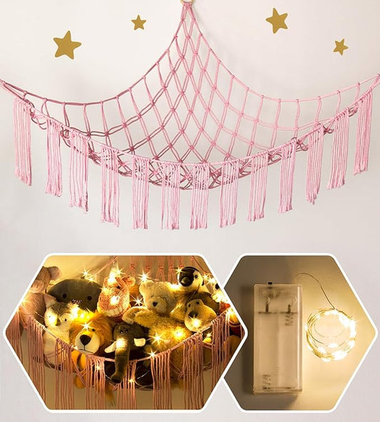 Stuffed Animal Hammock Corner Net with LED Light - Toy Storage Holder - Pink Cute Room Bedroom Decor for Teen Girls - Cute Bedroom Aesthetic Stuff for Baby Nursery Toddler Kids 8 - 10 - 12 Years Old