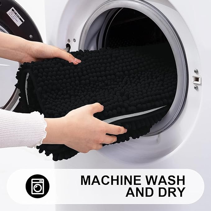 Grandaily Chenille Striped Bathroom Rugs 70x24, Extra Thick and Absorbent Bath Mats, Non-Slip Soft Plush Shaggy Shower Carpet, Machine Wash Dry, Bath Rug for Bathroom, Black