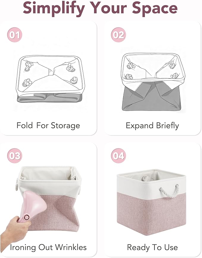 12x12 Storage Cube Bins, 6 Pack Reinforced Bottom Cardboard Foldable Box, Organizer for Closet Shelves, Heavy Home Storage Baskets (White Pink)
