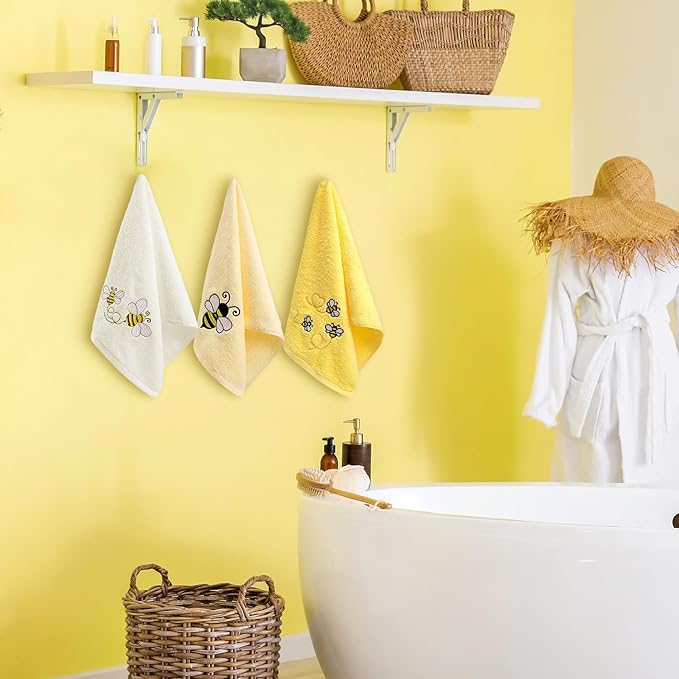 3 Pack Bee Towels 13.4 x 29.2 Inch Cotton Embroidered Summer Cute Bee Bathroom Towel Absorbent Dish Tea Towels for Kitchen Decor
