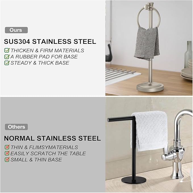 Hoimpro 17 Inch Stand Hand Towel Holder Towel Bar Towel Hanging Ring, Free Standing Floor Hand Towel Rack Storage for Bathroom Kitchen Vanity Countertops, Hardware Accessories(Brushed Nickel)