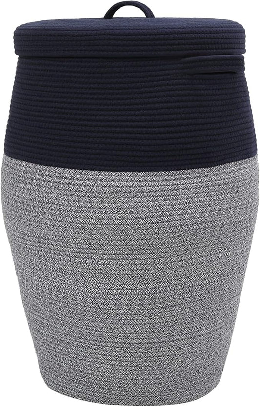 26"x20" Handcrafted Tall Cotton Rope Basket with Lid, Stylish Flagon Shape with Cover, Clothes Hamper with Top, for Bedroom and Living Room, Dark Blue Mix