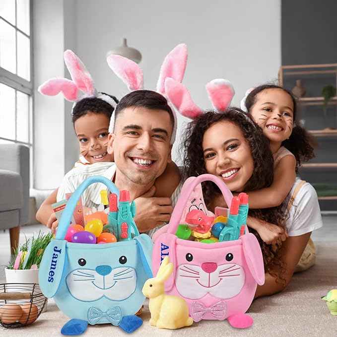 Personalized Easter Basket, PEMIRSAYO Easter Baskets for Kids Easter Bunny Baskets Custom Easter Basket Personalized Easter Gifts Toddler Easter Baskets Empty - Pink Bunny