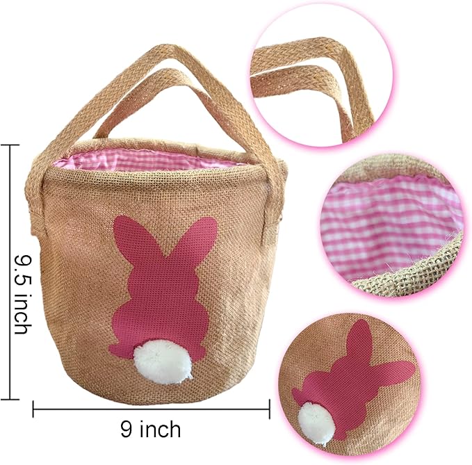 3Pcs Easter Bunny Basket for Kids - Burlap Carrying with Two Handles Gift and Eggs Hunt Bag, Fluffy Tails Printed Rabbit Toys Bucket Tote Basket Bags for Girls & Boys (Green, Blue, Pink)