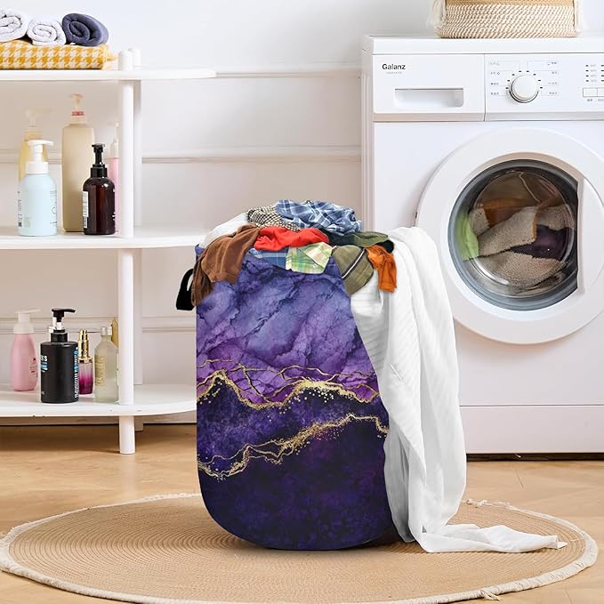 Purple Gold Marble Laundry Basket with Sturdy Handles, Collapsible Oxford Cloth Laundry Hamper Organizer Basket for Bathroom Bedroom 15.7x20 Inch