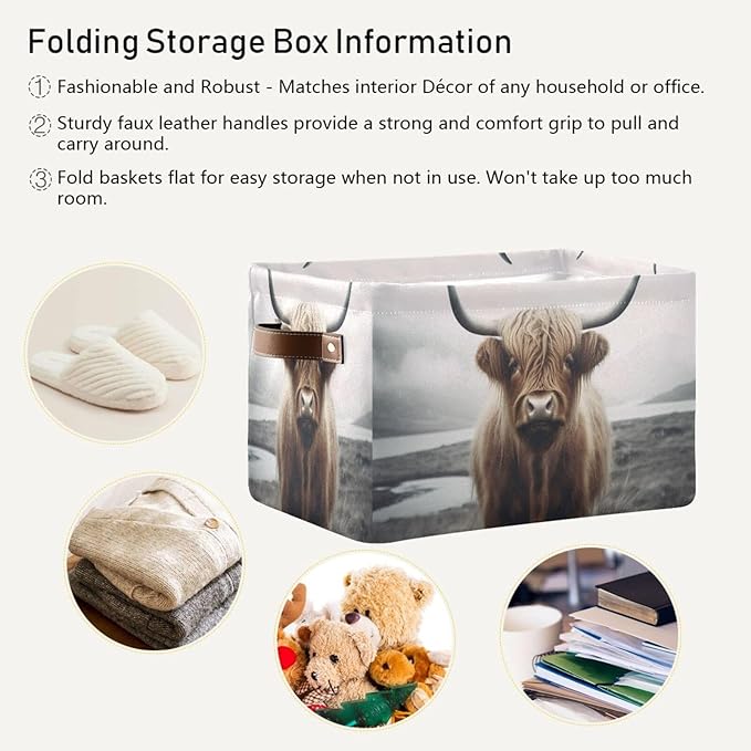 YETTASBIN Highland Cow Storage Basket 1pc, Large Collapsible Toys Clothes Organizer, Durable Canvas Storage Bin with Handle for Shelves Closet Laundry Home Office Decor