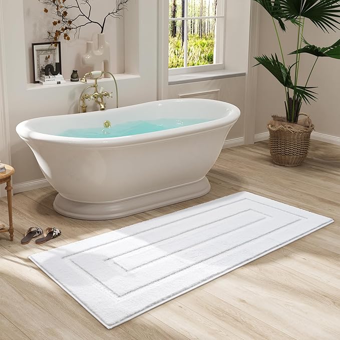HOMORE Bathroom Rugs 24x60 Inch White Bathroom Runner Rug, Soft and Absorbent Bath Mat, Non Slip Long Runner Rug for Vanity, Washable Plush Bath Rugs for Shower Floor