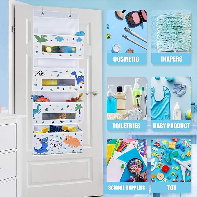 WERNNSAI Dinosaur Over Door Hanging Organizer - Behind Door Storage with 4 Clear Window Pockets for Baby Boys Room Organization Toy Diaper Closet Pantry Bedroom Bathroom Nursery Decor