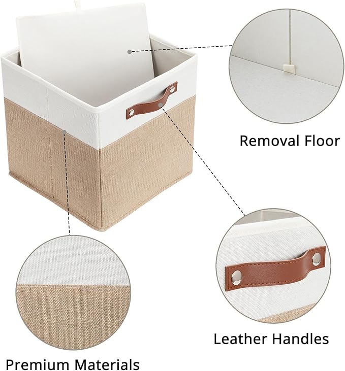 HNZIGE Fabric Cloth Storage Bins for Cube Organizers, Set of 4 Fabric Foldable Canvas Storage Bins for Shelves, Toy Nursery Closet Bedroom(Beige&White)