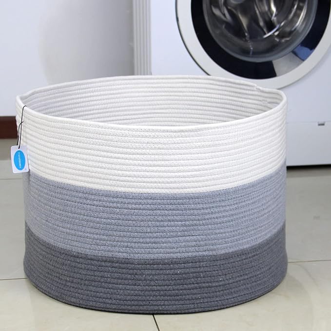 Casaphoria XXXLarge Cotton Rope Basket for Living Room - Woven Storage Basket with Handle for Blankets, Towels and Pillows Laundry Hamper | Light Gray (22" x 22" x 14")