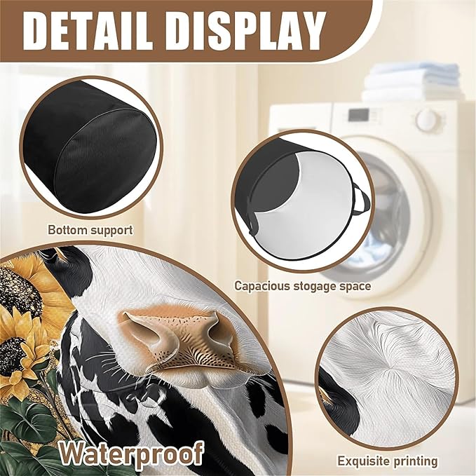 Cow Sunflower Laundry Basket, Large Canvas Collapsible Organizer Storage Basket for Nursery,Office,Toy Organizer,Home,Decor - 19.7" X 15.7 "