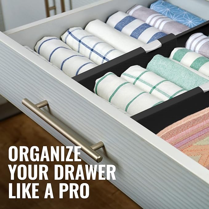 RAPTUROUS Adjustable Drawer Dividers 4 Pack, 4” High, 11-17” Long, Dresser Drawer Organizer for Bedroom, Closet, Kitchen, Nursery, Office, Strong Hold, Soft Foam Edges, Black