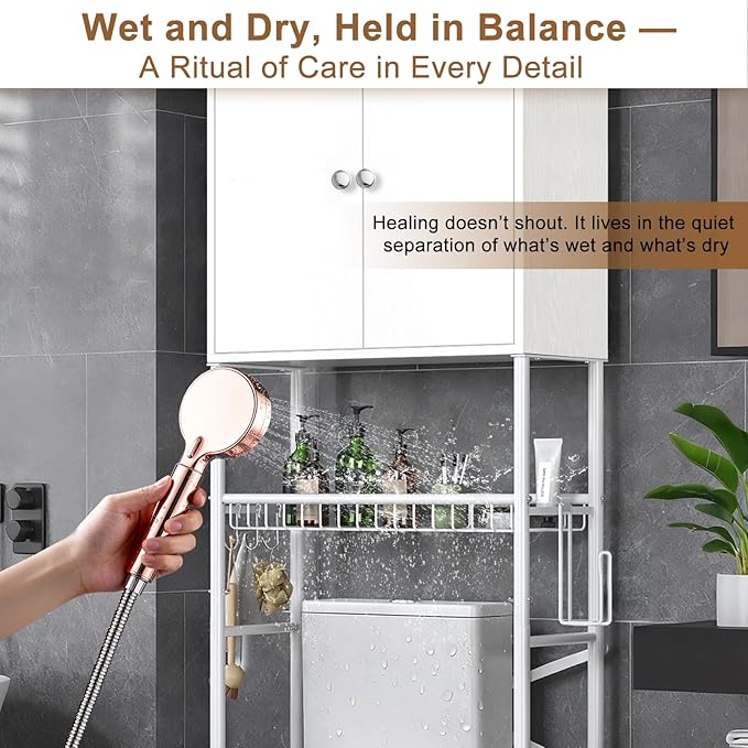 Over-The-Toilet Storage Rack, 4-Tier Bathroom Organizer Shelf Over Toilet with Barn Doors Cabinet and Basket, Freestanding Space Saver Wooden Bathroom Shelves with Paper Holder Above Toilet (White)