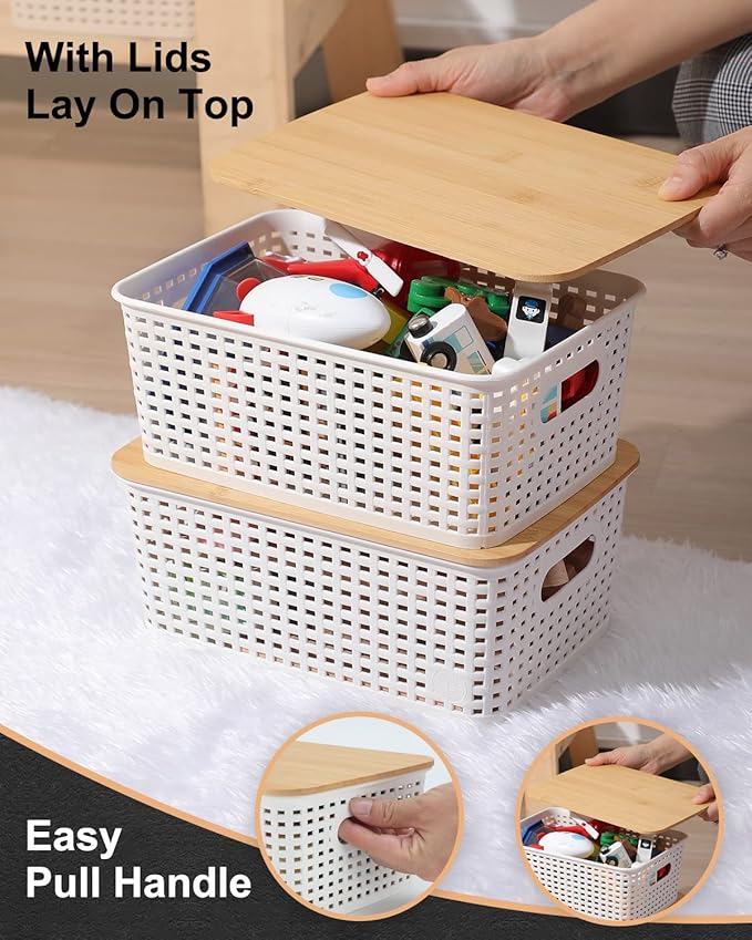 Plastic Storage Baskets with Bamboo Lids for Pantry Organization and Storage Containers Bins for Shelves Drawers Desktop Closet Playroom Classroom Office Home, 6 Pack,White