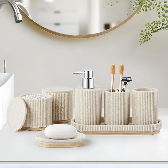 7PCS Bathroom Accessories Set, with Soap Dispenser, Q-tip Holder, Toothbrush Holder, Tumbler, Soap Dish, Vanity Tray, Bathroom Set Complete Organizer Countertop for Modern Decor, Beige