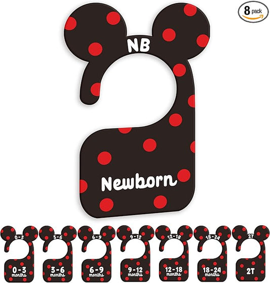 JMOST Baby Closet Dividers for Nursery Closet Organizer, Newborn to 24 Months Size Clothes, Cute Black Red Hangers with Size Dividers, Double Sided