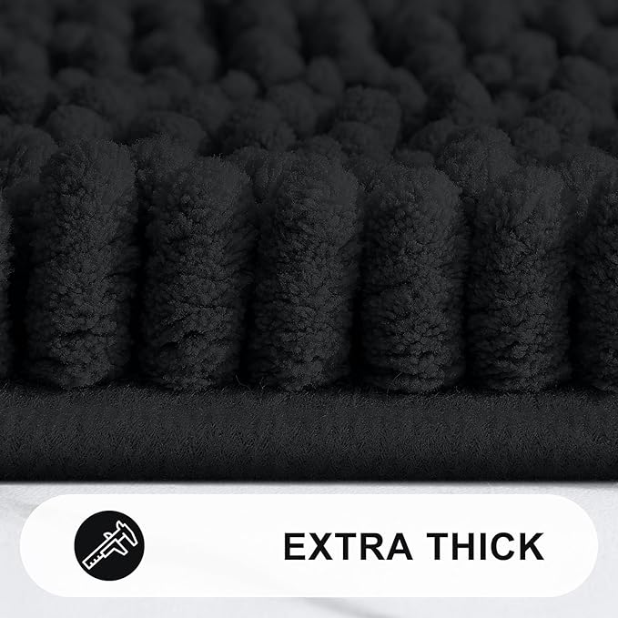 Grandaily Chenille Striped Bathroom Rugs 59x35, Extra Thick and Absorbent Bath Mats, Non-Slip Soft Plush Shaggy Shower Carpet, Machine Wash Dry, Bath Rug for Bathroom, Black