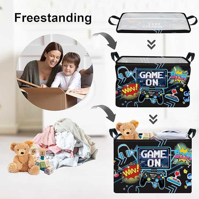 Clastyle Cool Game Storage Basket Kid Game Controller Clothes Laundry Hamper Collapsible Boy Toy Box for Nursery Palyroom,Black,40 * 30 * 30 cm