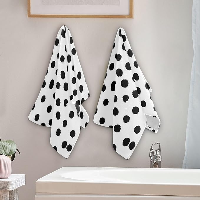 2 Pack Black White Polka Dots Hand Towels for Bathroom,Soft Absorbent Boho Black Spots Doodle Kitchen Dish Towels,Modern Decorative Guest Bathroom Towels for Bath,Face,Shower,Gym 14"x28"