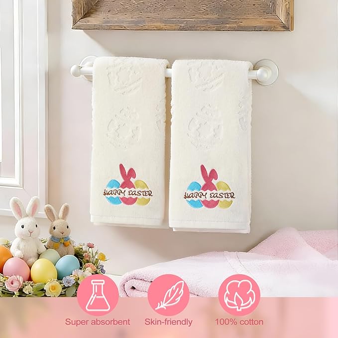 2 Pcs Easter Hand Towels for Bathroom Eggs Easter Bath Towels Beige 100% Cotton Jacquard Embroidered Decorative Gift Set Kitchen Decor Home Accessories