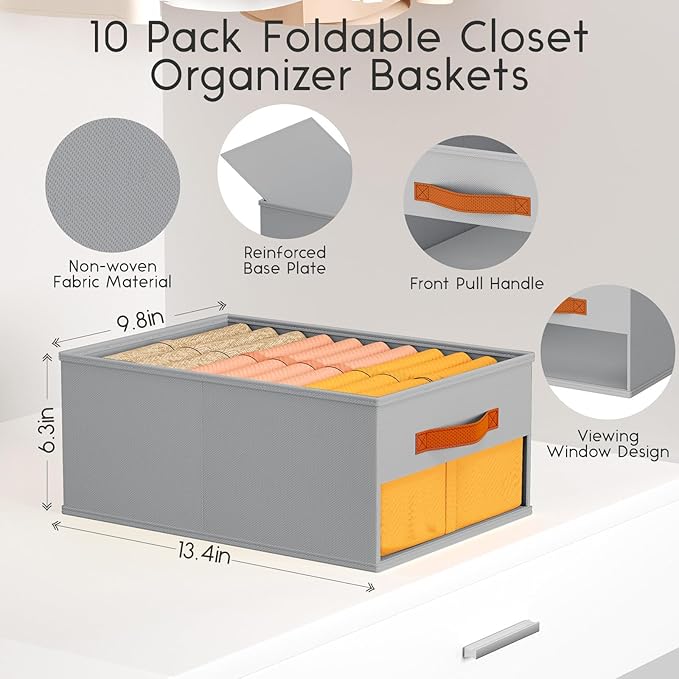 Closet Organizers and Storage - 10 Pack Storage Bins Baskets for Organization Foldable Closet Organizer with Clear Window & Handles for Clothes, Toys, Towels, Small Essentials (Grey)